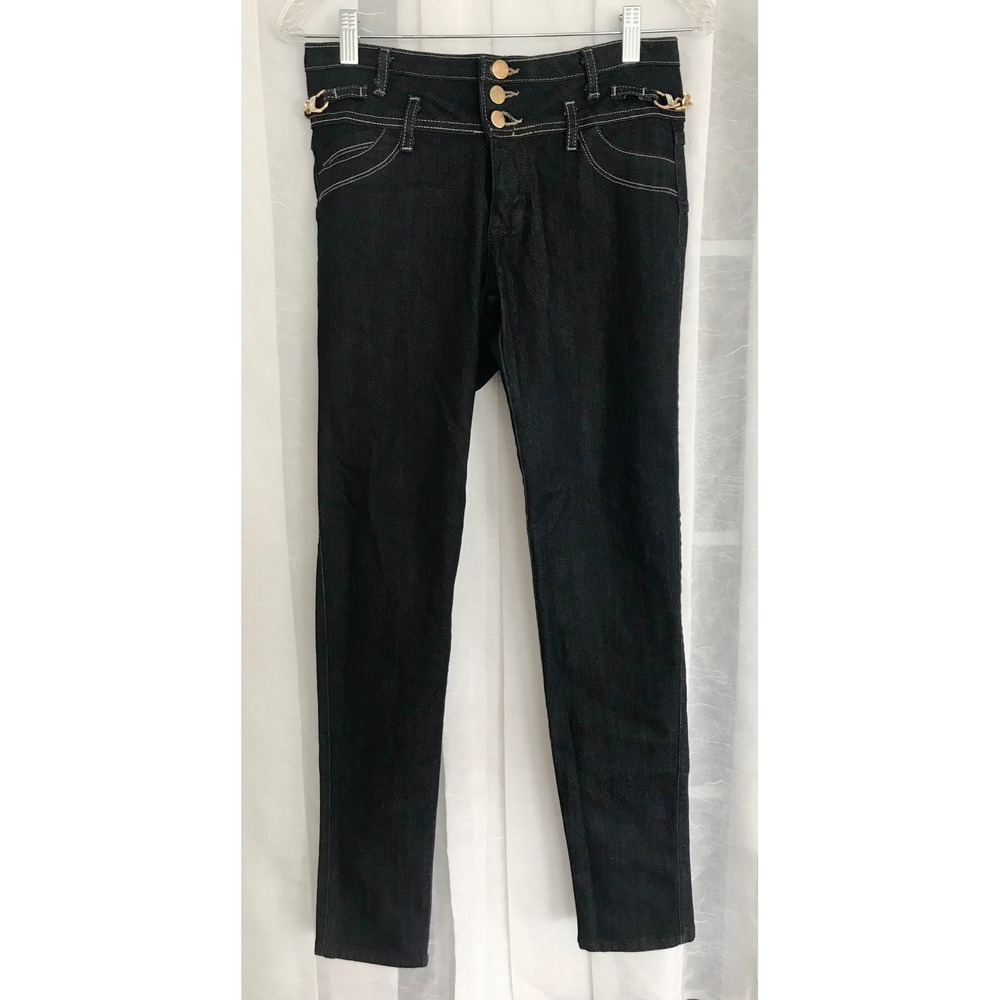 Watch LA Jeans Dark Wash Skinny Jeans Gold Chain Rhinestone 3 Button High Rise